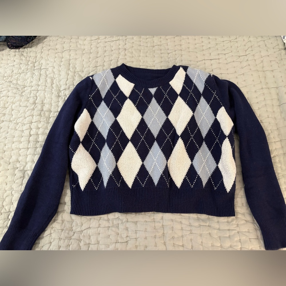 Navy, Light Blue, and White Argyle Cropped Sweater